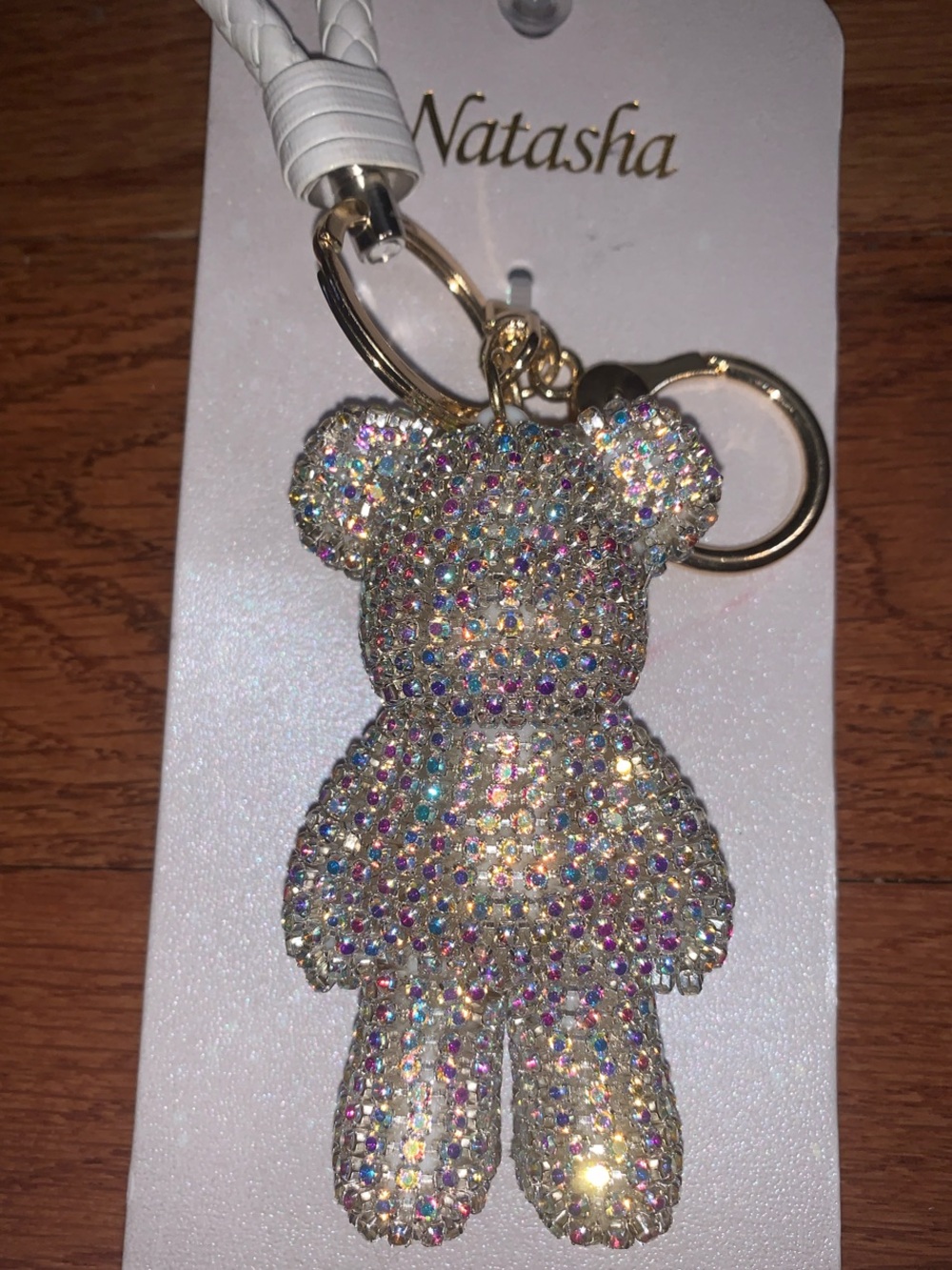 Natasha Couture Iridescent Crystal Bear Purse Charm with White Strap - Picture 3 of 10
